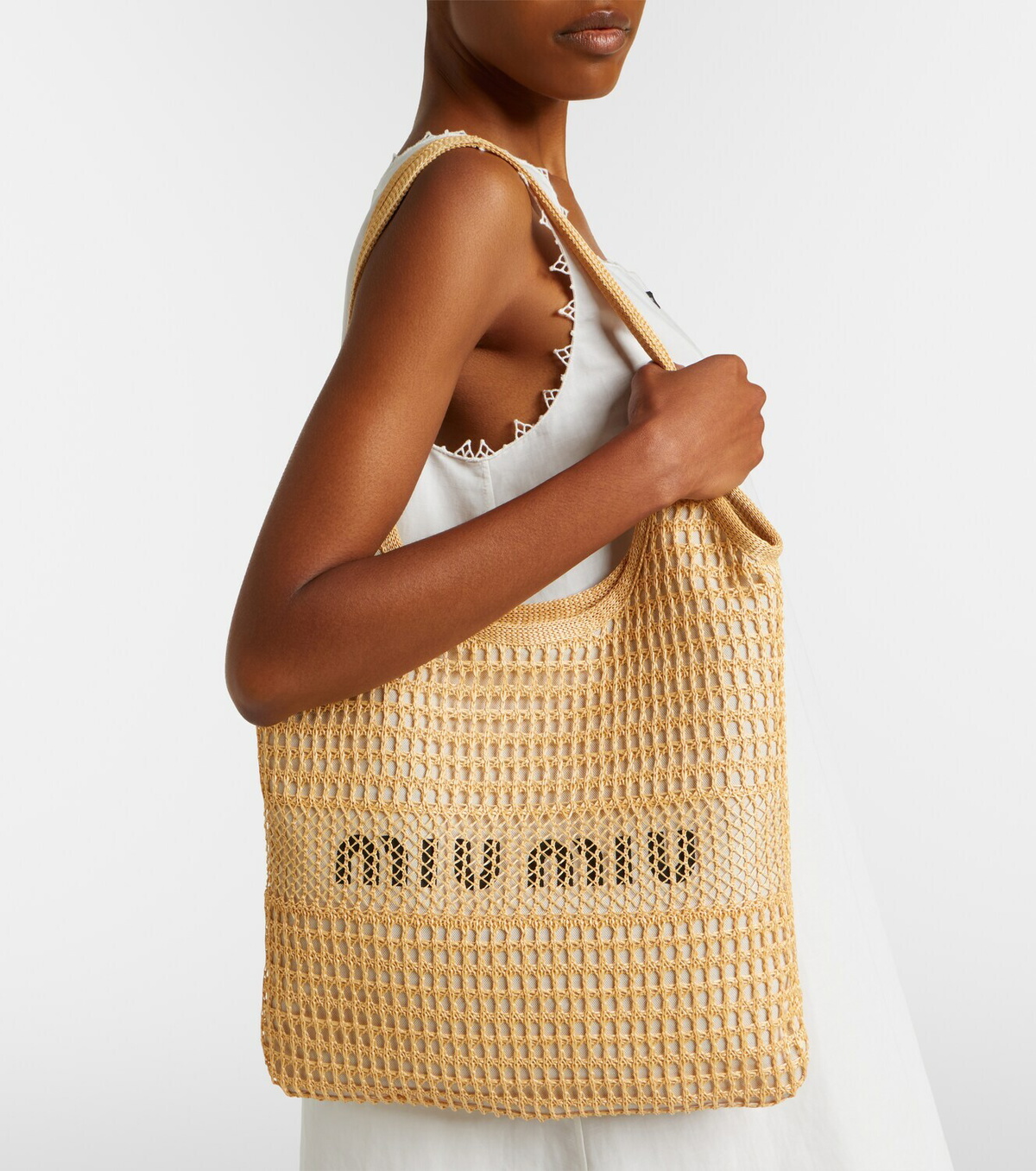 Miu Miu Ivy raffia-effect and linen shopper