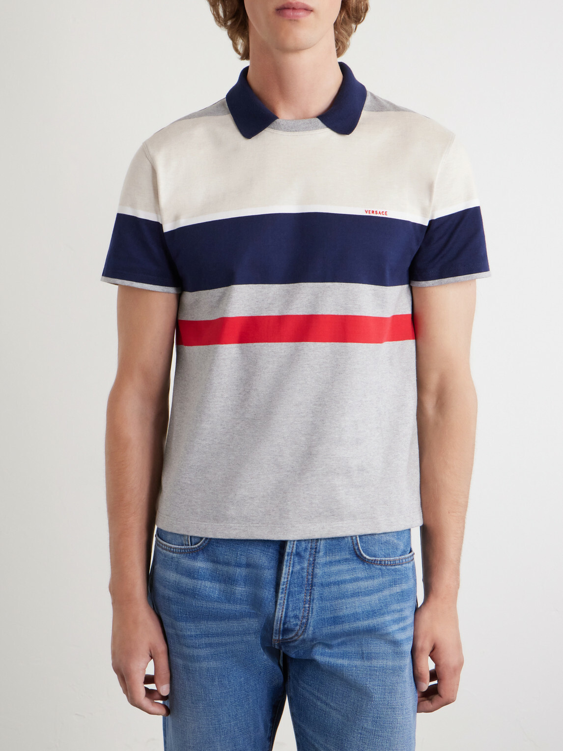 Versace - Logo-Embroidered Striped Cotton-Jersey Polo Shirt - White