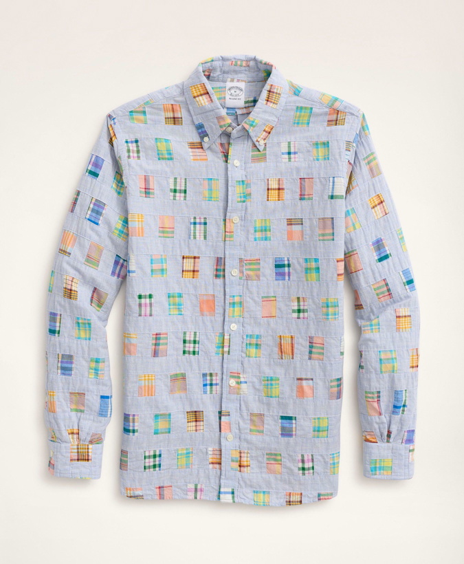 Photo: Brooks Brothers Men's Regent Regular-Fit Sport Shirt, Patchwork Madras | Light Blue