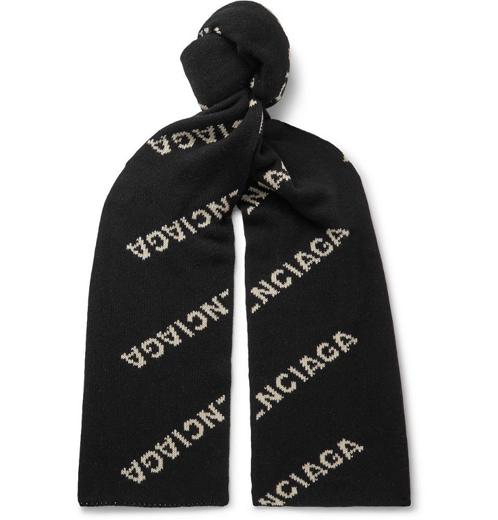 Photo: Balenciaga - Logo-Jacquard Virgin Wool and Camel Hair-Blend Scarf - Black
