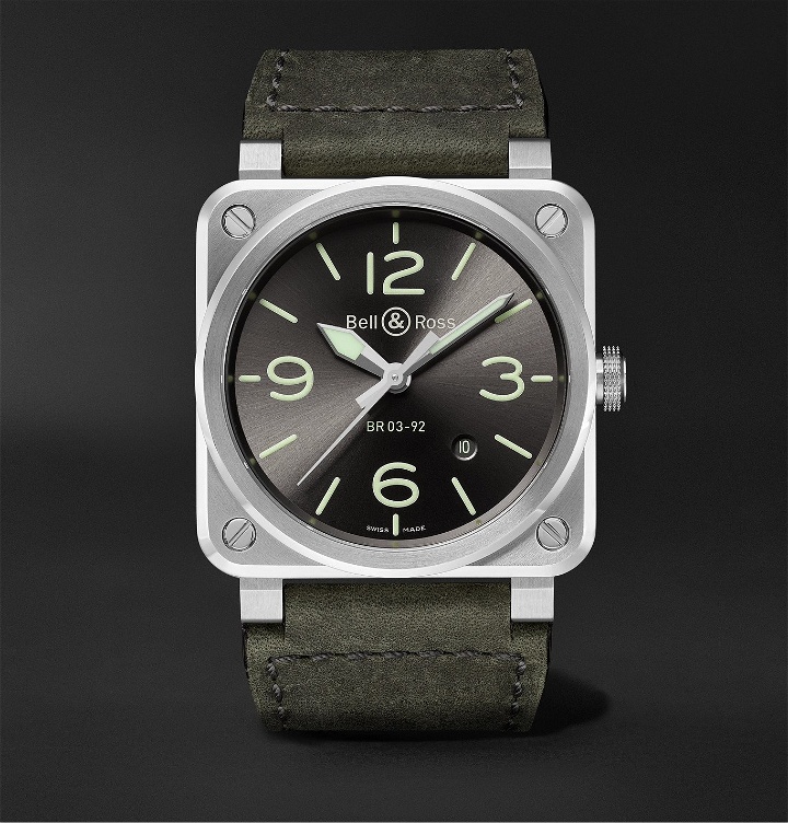 Photo: Bell & Ross - BR 03-92 Automatic 42mm Stainless Steel and Leather Watch, Ref. No. BR0392-GC3-ST/SCA - Black