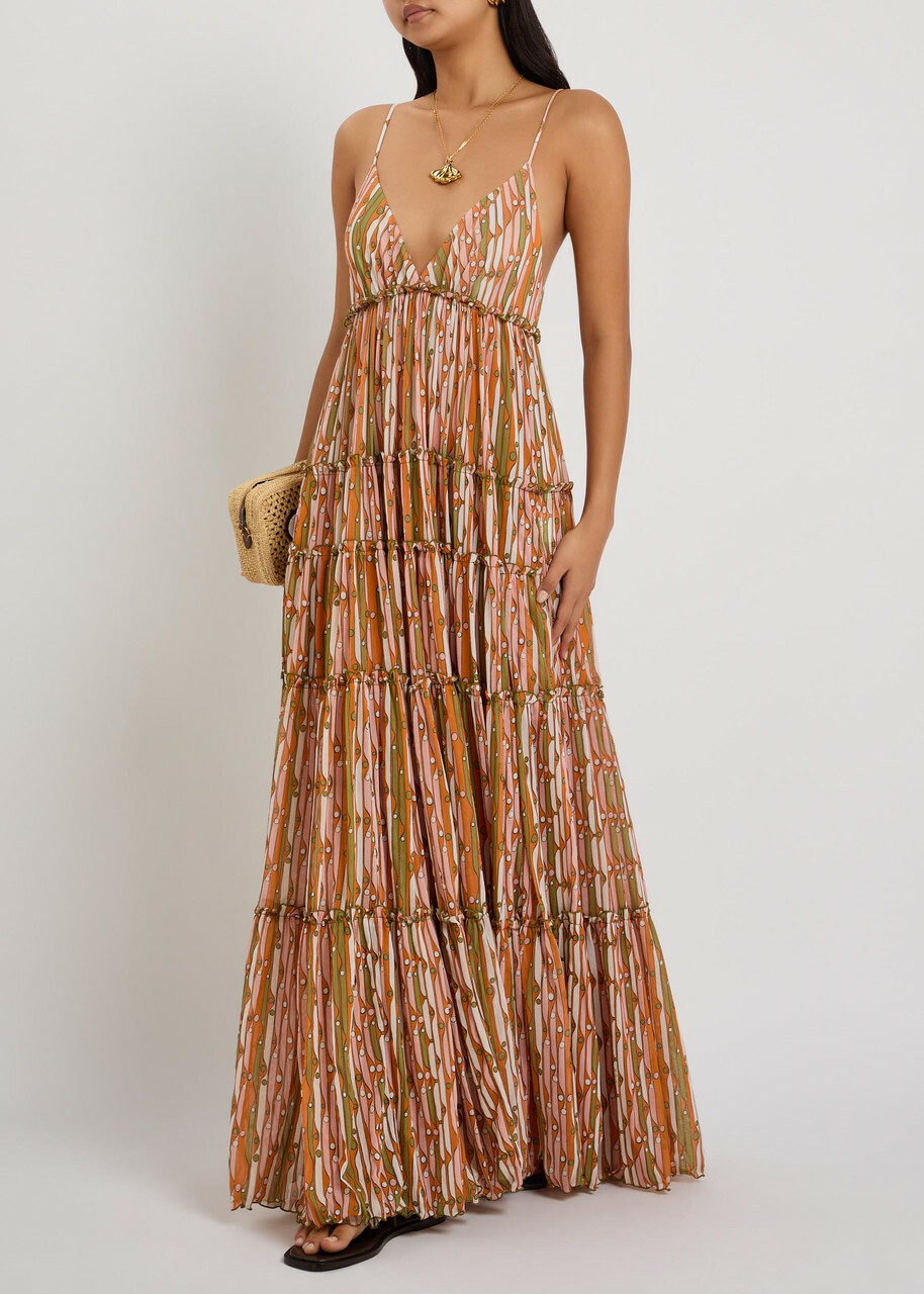 LA Double J Nymph Printed Tiered Stretch-tulle Maxi Dress Pink