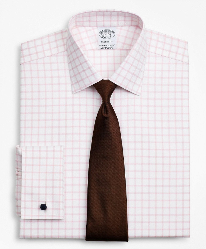 Photo: Brooks Brothers Men's Stretch Regent Regular-Fit Dress Shirt, Non-Iron Twill Ainsley Collar French Cuff Grid Check | Pink