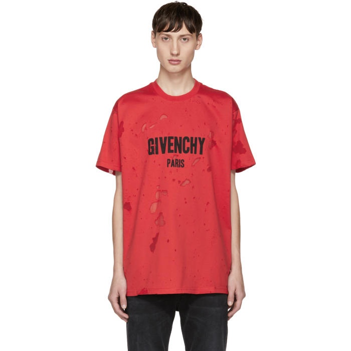 Photo: Givenchy Red Distressed Logo T-Shirt 