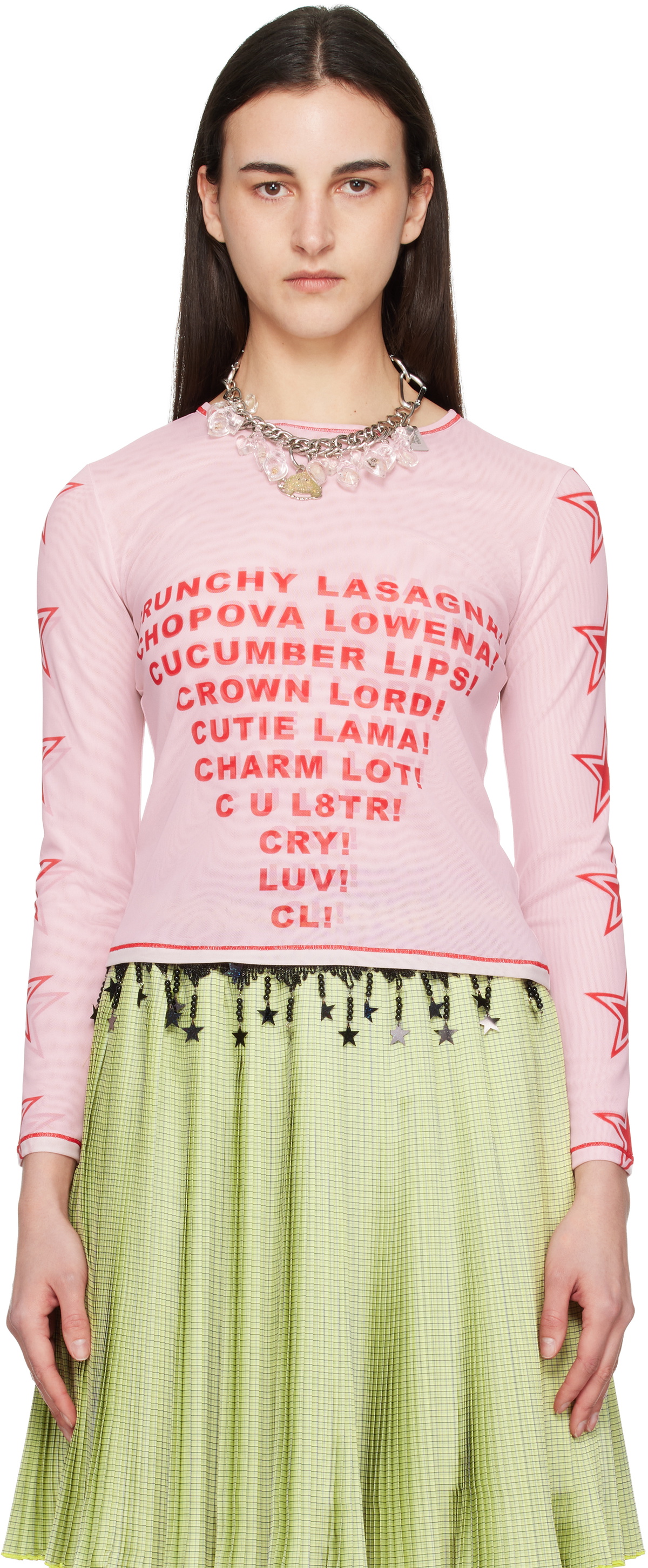 Chopova Lowena Pink 'Crunchy Lasagna' Fitted Mesh Top
