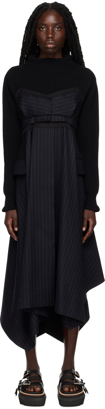 sacai Black & Navy Chalk Stripe Midi Dress Sacai