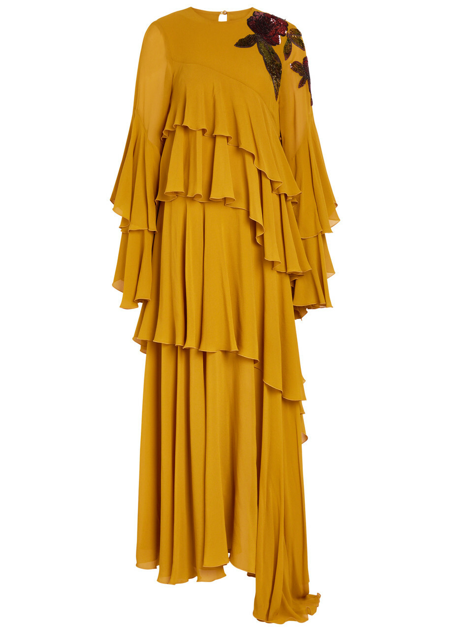 LA Double J Naiad Ruffled Embellished Silk-georgette Maxi Dress Yellow