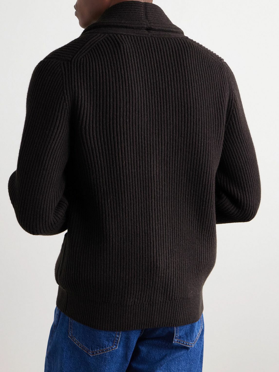 Anderson & Sheppard - Shawl-Collar Ribbed Wool and Cashmere-Blend Cardigan - Brown