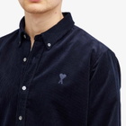 AMI Paris Men's Corduroy Tonal Heart Button Down Shirt in Navy Blue