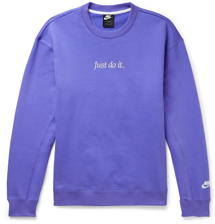 Photo: Nike - Sportswear Logo-Embroidered Fleece-Back Cotton-Blend Jersey Sweatshirt - Purple