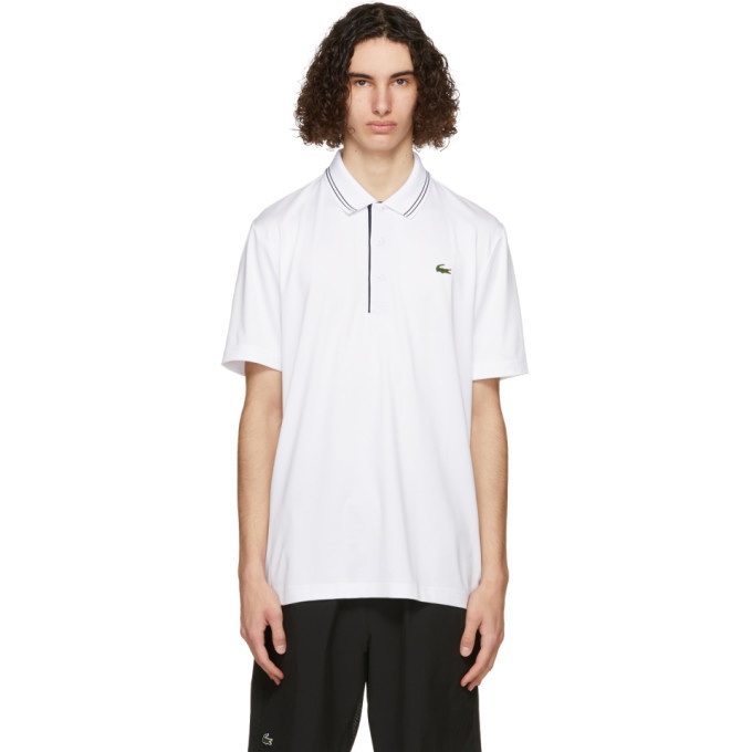 Photo: Lacoste White and Navy Sport Signature Breathable Golf Polo