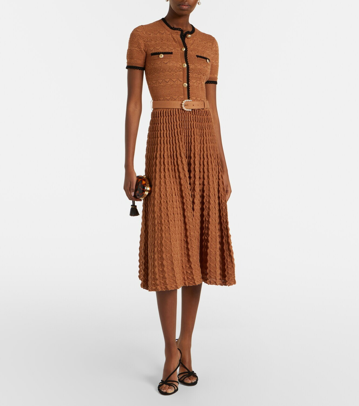 Self-Portrait Belted pointelle cotton-blend midi dress
