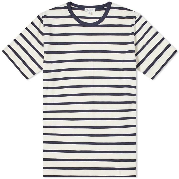 Photo: Sunspel Men's Breton Stripe T-Shirt in Ecru/Navy Stripe