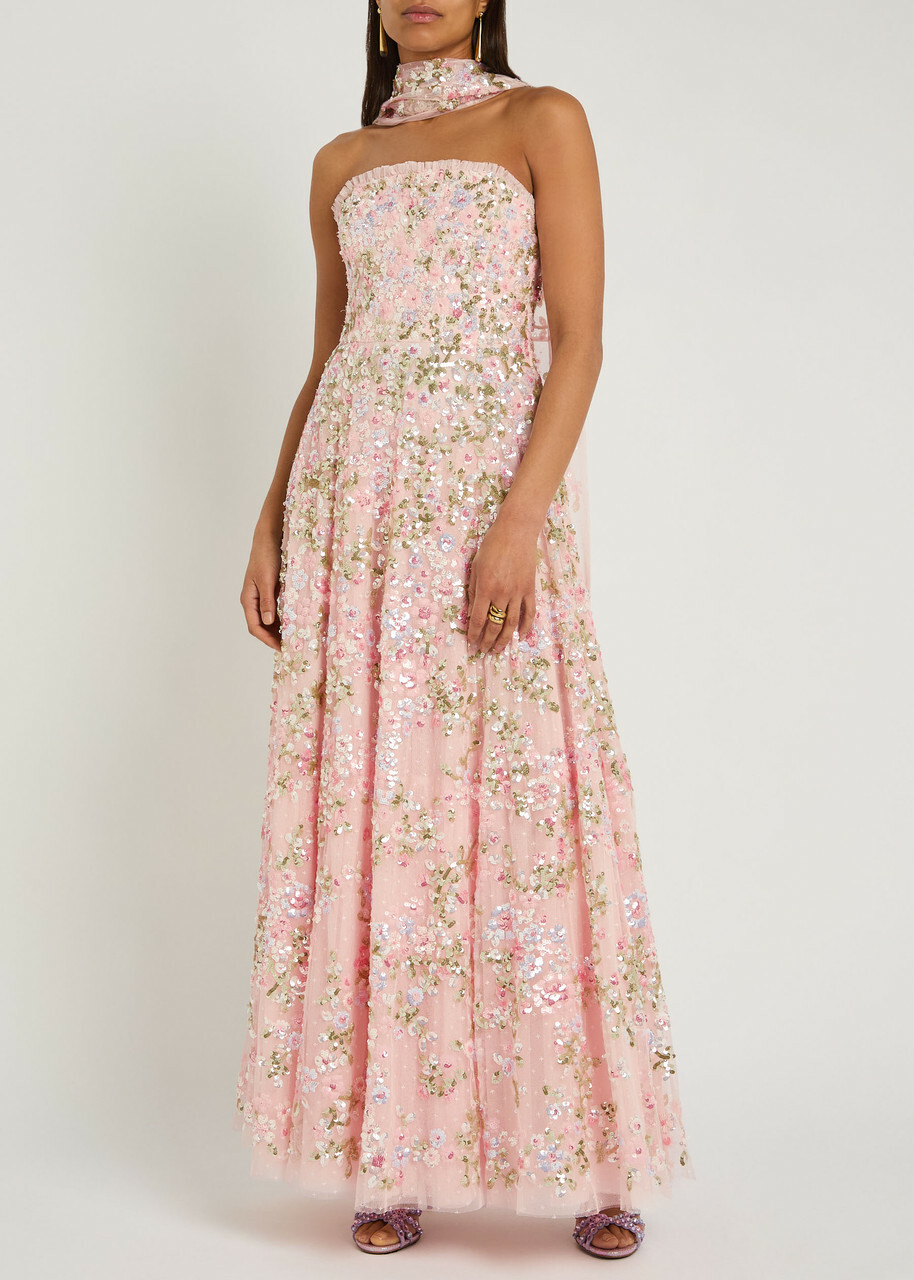 Needle & Thread Dream Garland Embellished Scarf-effect Gown Light Pink