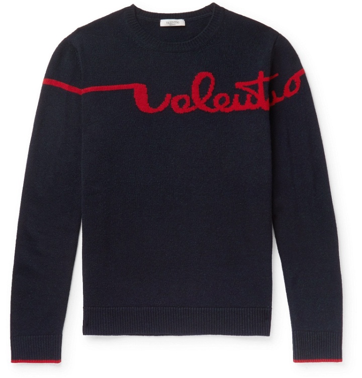 Photo: Valentino - Logo-Jacquard Virgin Wool and Cashmere-Blend Sweater - Blue