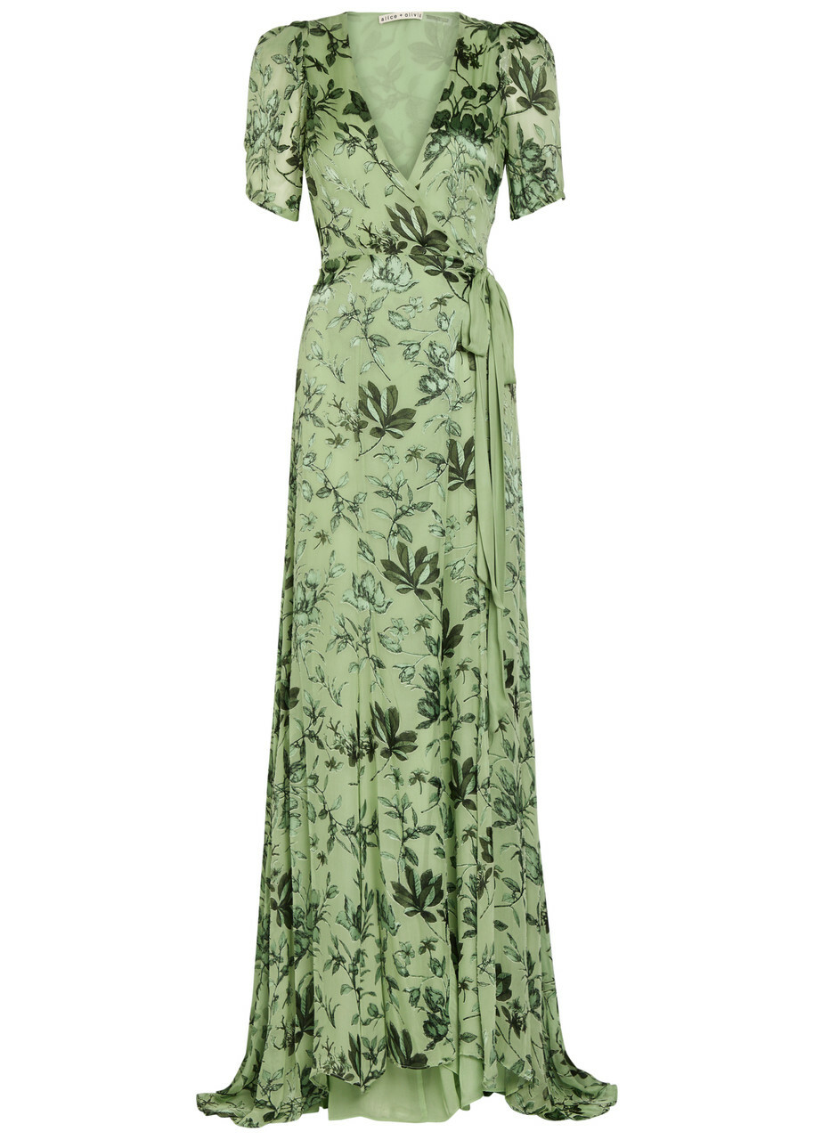Alice + Olivia Tiana Devoré Chiffon Maxi Wrap Dress Green
