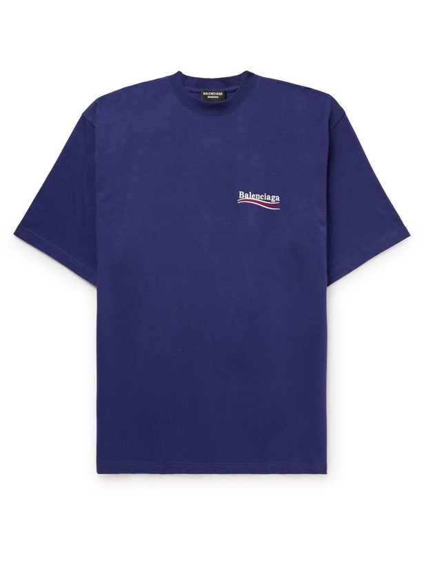 Photo: Balenciaga - Oversized Logo-Embroidered Cotton-Jersey T-Shirt - Blue