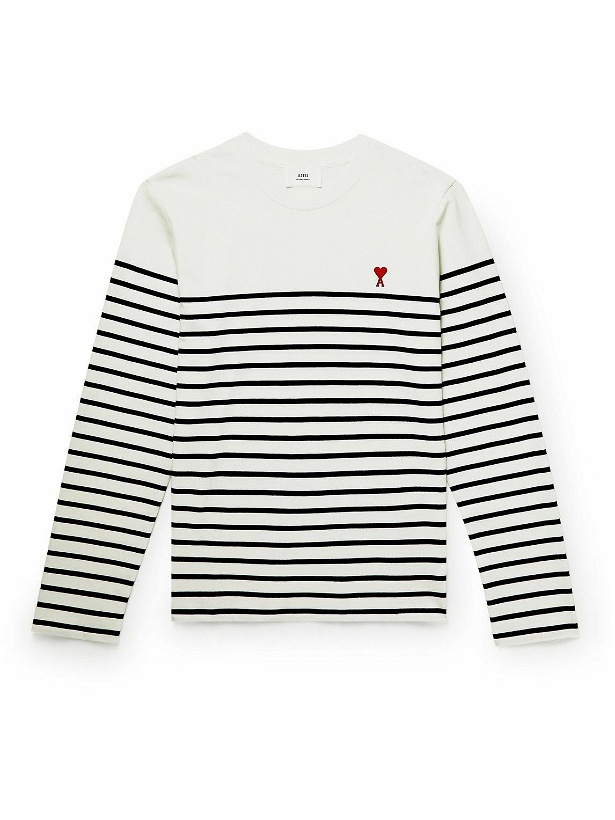 Photo: AMI PARIS - Logo-Embroidered Striped Cotton-Jersey T-Shirt - White