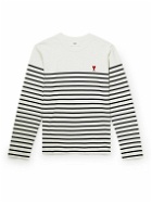 AMI PARIS - Logo-Embroidered Striped Cotton-Jersey T-Shirt - White