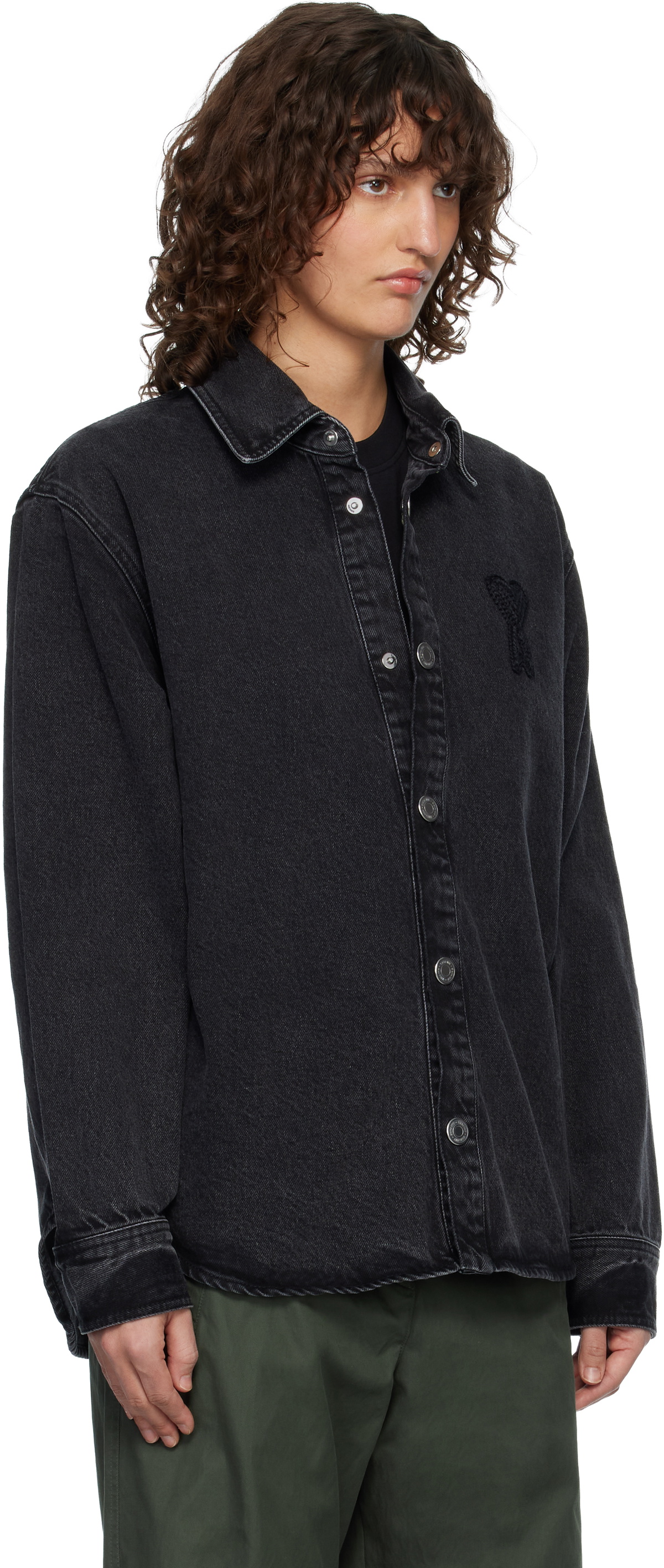 AMI Paris Black Cotton Knitted Ami de Coeur Denim Overshirt