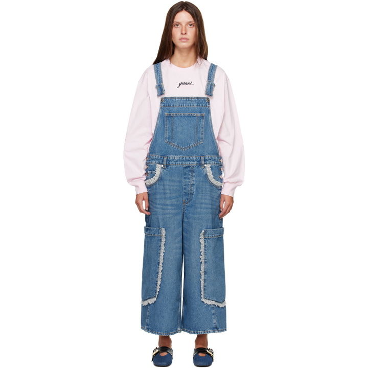 Photo: GANNI Blue Cropped Lace Rigid Denim Overalls