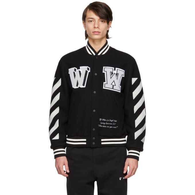 Photo: Off-White Black Wool Logo Varsity Bomber Jacket