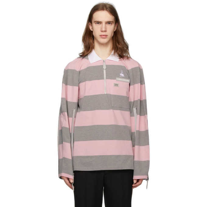 Photo: Burberry Pink and Grey Striped Zip Detail Polo