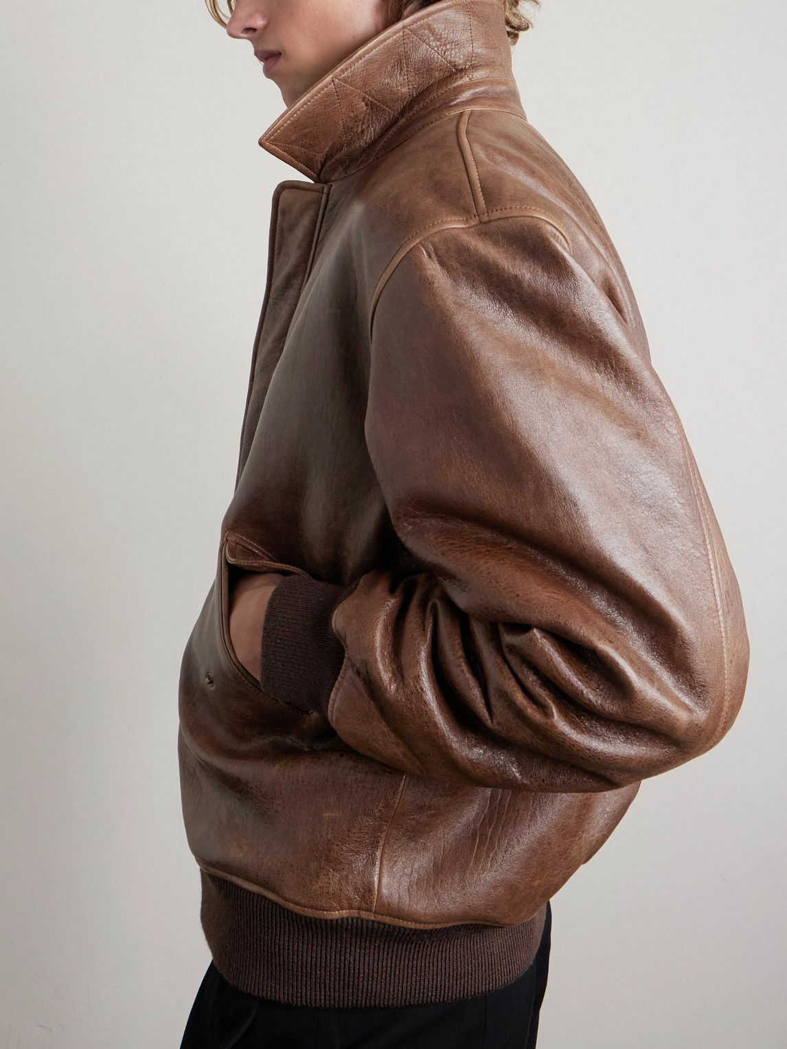 SAINT LAURENT - Leather Bomber Jacket - Brown Saint Laurent