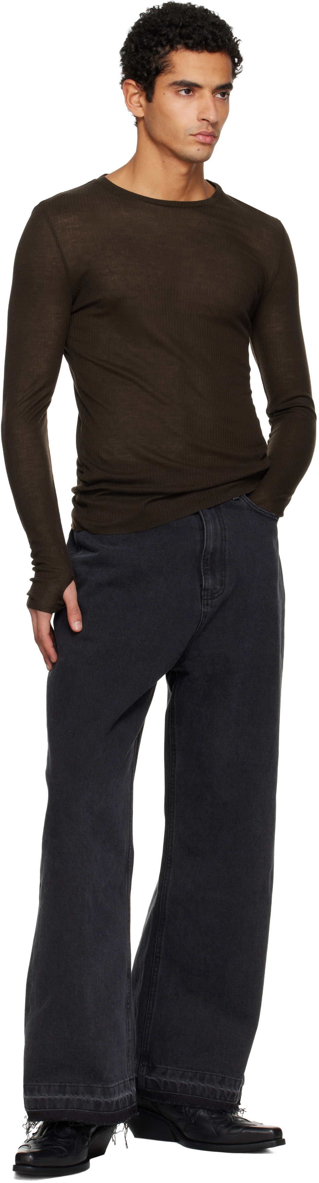 TONYWACK Brown Sheer Wool Ribbed Knit T-shirt