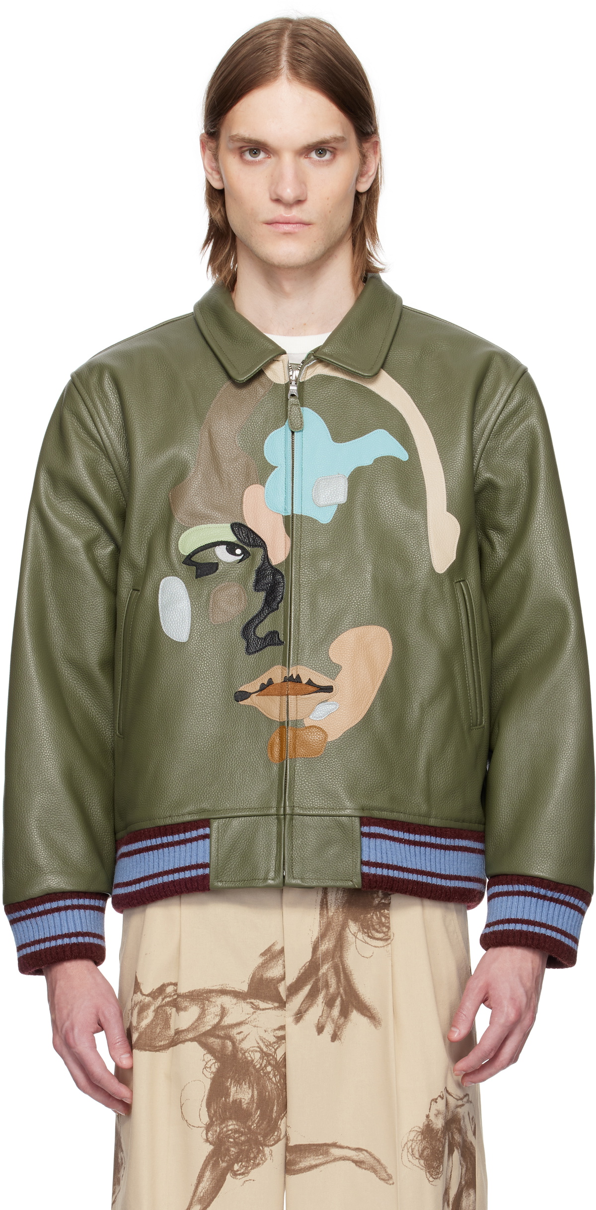 KidSuper Green Patchwork Face Leather Varsity Jacket