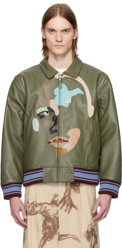 Photo: KidSuper Green Patchwork Face Leather Varsity Jacket