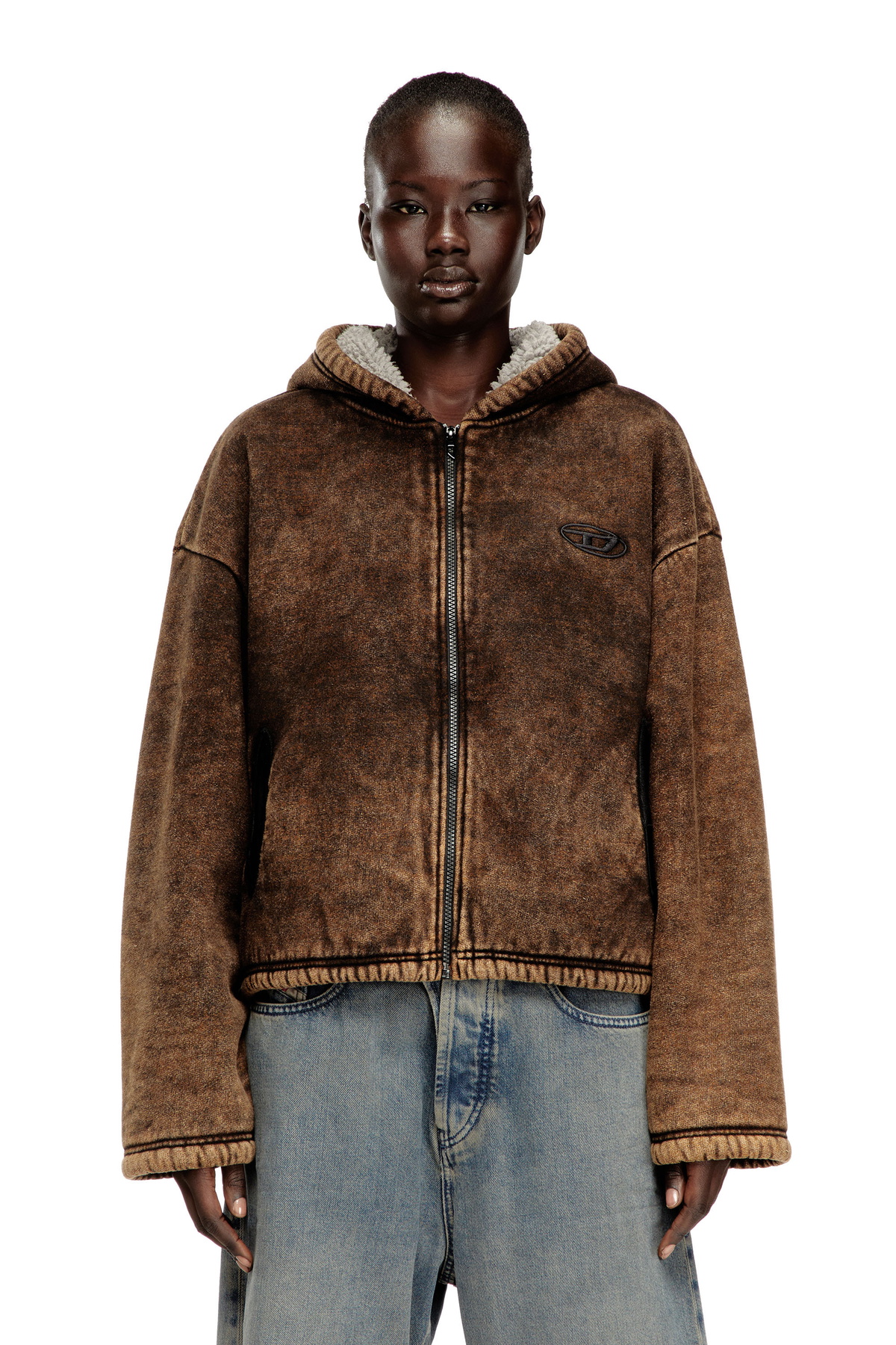 Diesel Acid-wash zip-up hoodie with teddy lining - Sweaters Womens in Brown