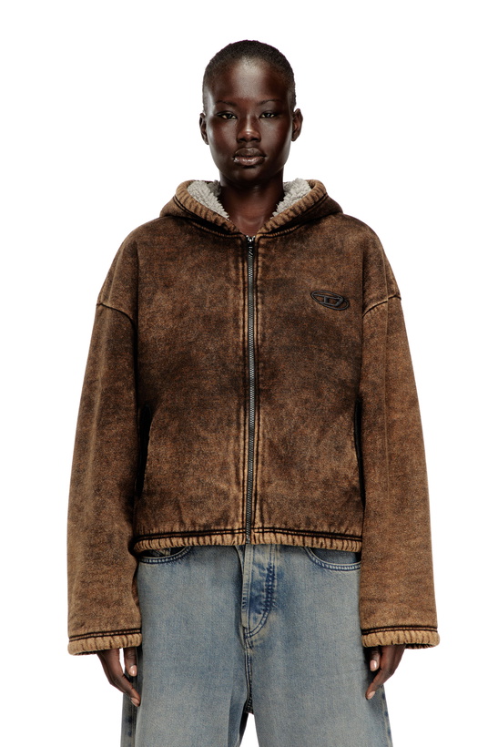 Photo: Diesel Acid-wash zip-up hoodie with teddy lining - Sweaters Womens in Brown