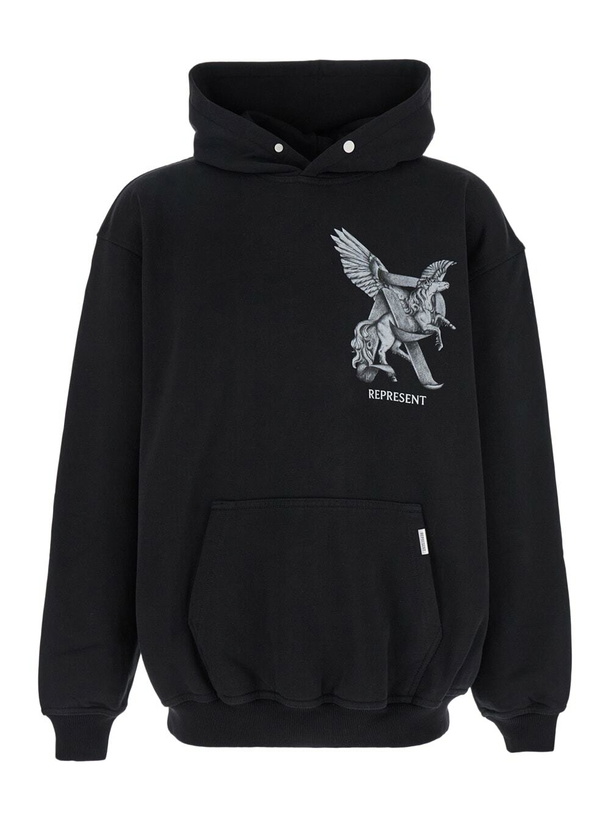Photo: REPRESENT elegance Unicorn Black Hoodie With Logo Print On The Front And Maxi Print On The Rear In Cotton Man