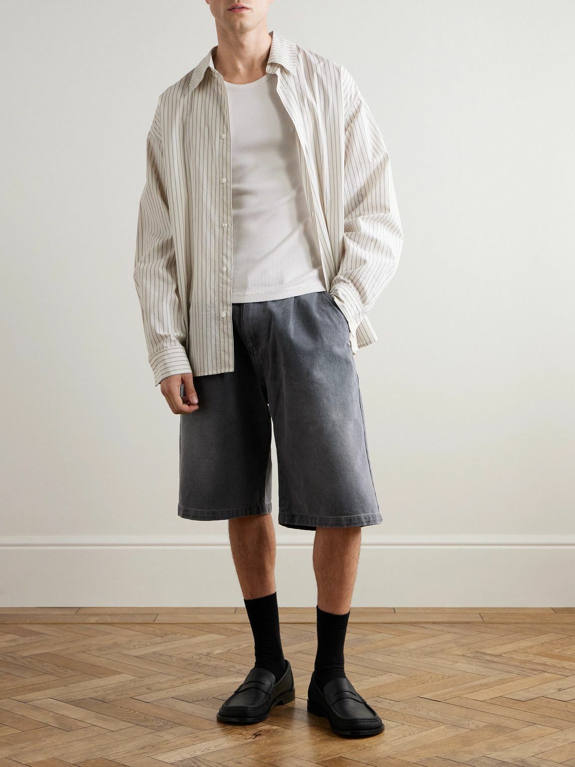 mfpen - Star Rivet Wide-Leg Pleated Organic Denim Shorts - Gray