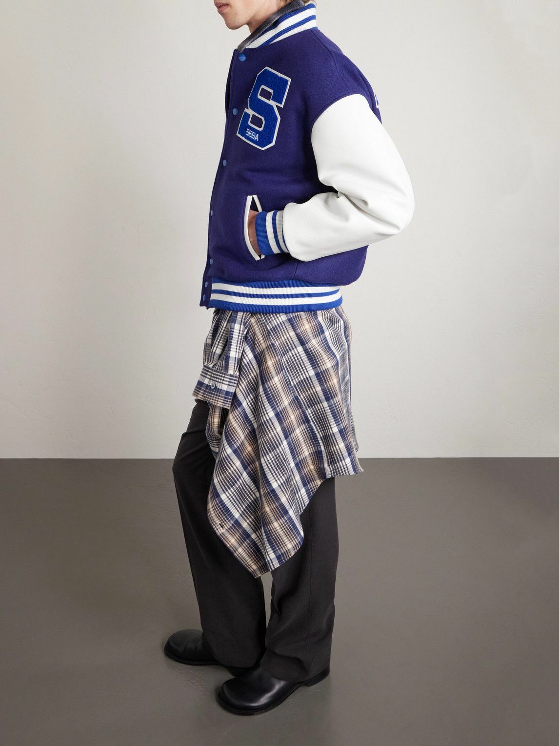 SAINT MXXXXXX - SEGA Wool-Blend and Leather Varsity Jacket - Blue