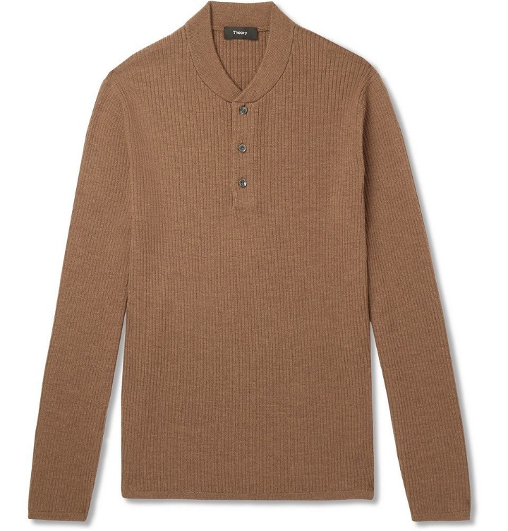 Photo: Theory - Slim-Fit Ribbed Merino Wool-Blend Sweater - Brown