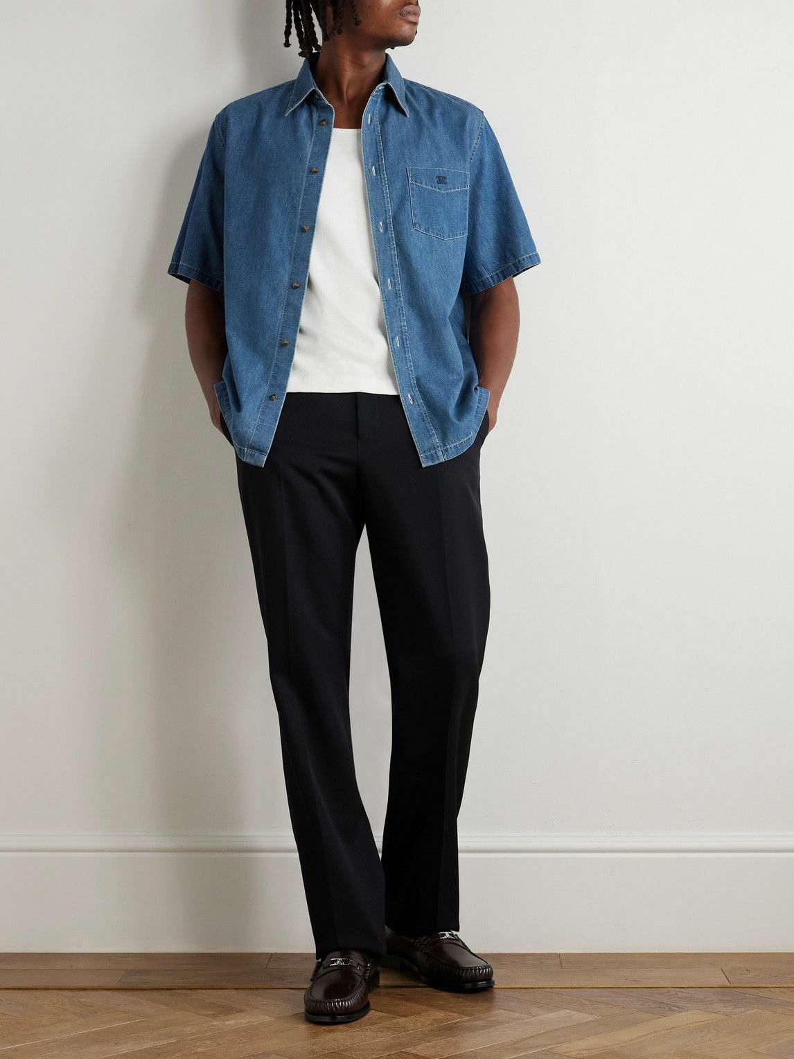 CELINE - Logo-Embroidered Denim Shirt - Blue