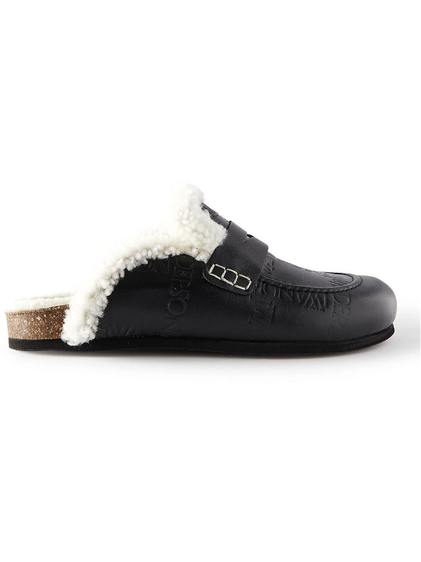 Photo: JW Anderson - Shearling-Lined Logo-Debossed Leather Backless Penny Loafers - Black