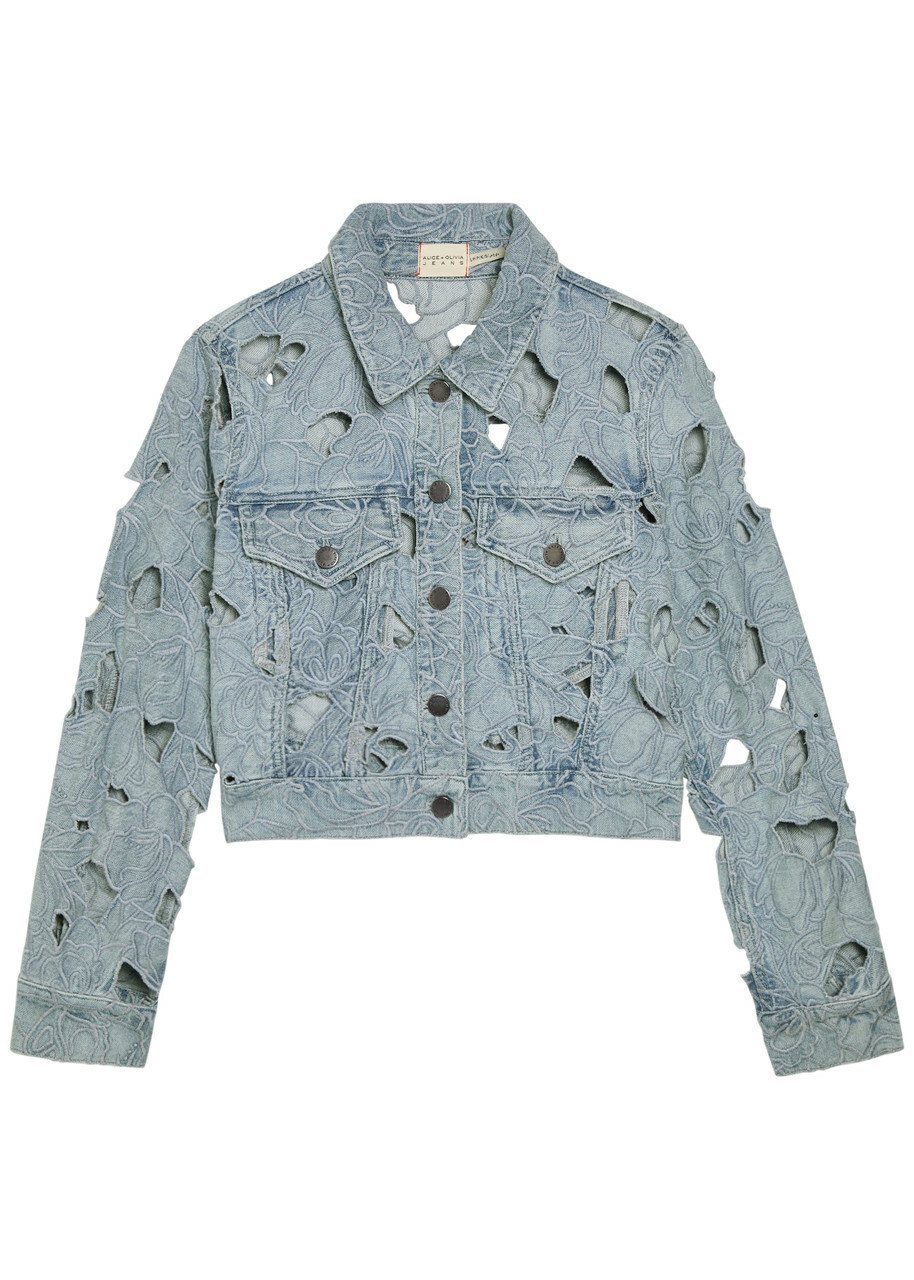 Alice + Olivia Chloe Embroidered Cut-out Denim Cropped Jacket Blue