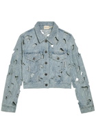 Alice + Olivia Chloe Embroidered Cut-out Denim Cropped Jacket Blue