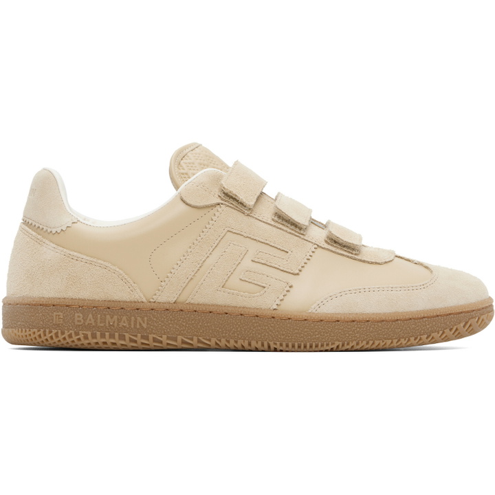 Photo: BALMAIN Beige 'Balmain Swan' Suede Sneakers