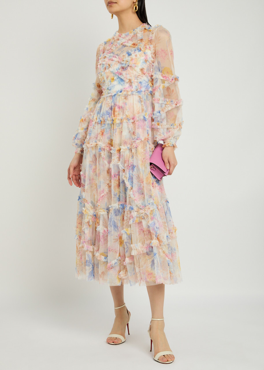 Needle & Thread Mariannes Floral-embellished Tulle Midi Dress Multicoloured