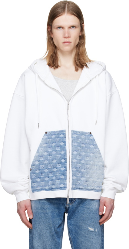 Photo: Dsquared2 White Denim Mix Relax Zipped Fit Hoodie