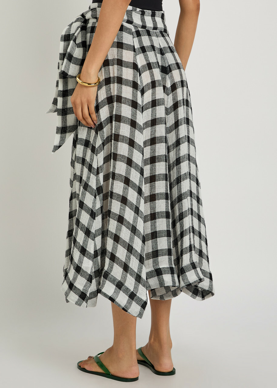Lisa Marie Fernandez Checked Belted Linen-blend Midi Skirt Beige