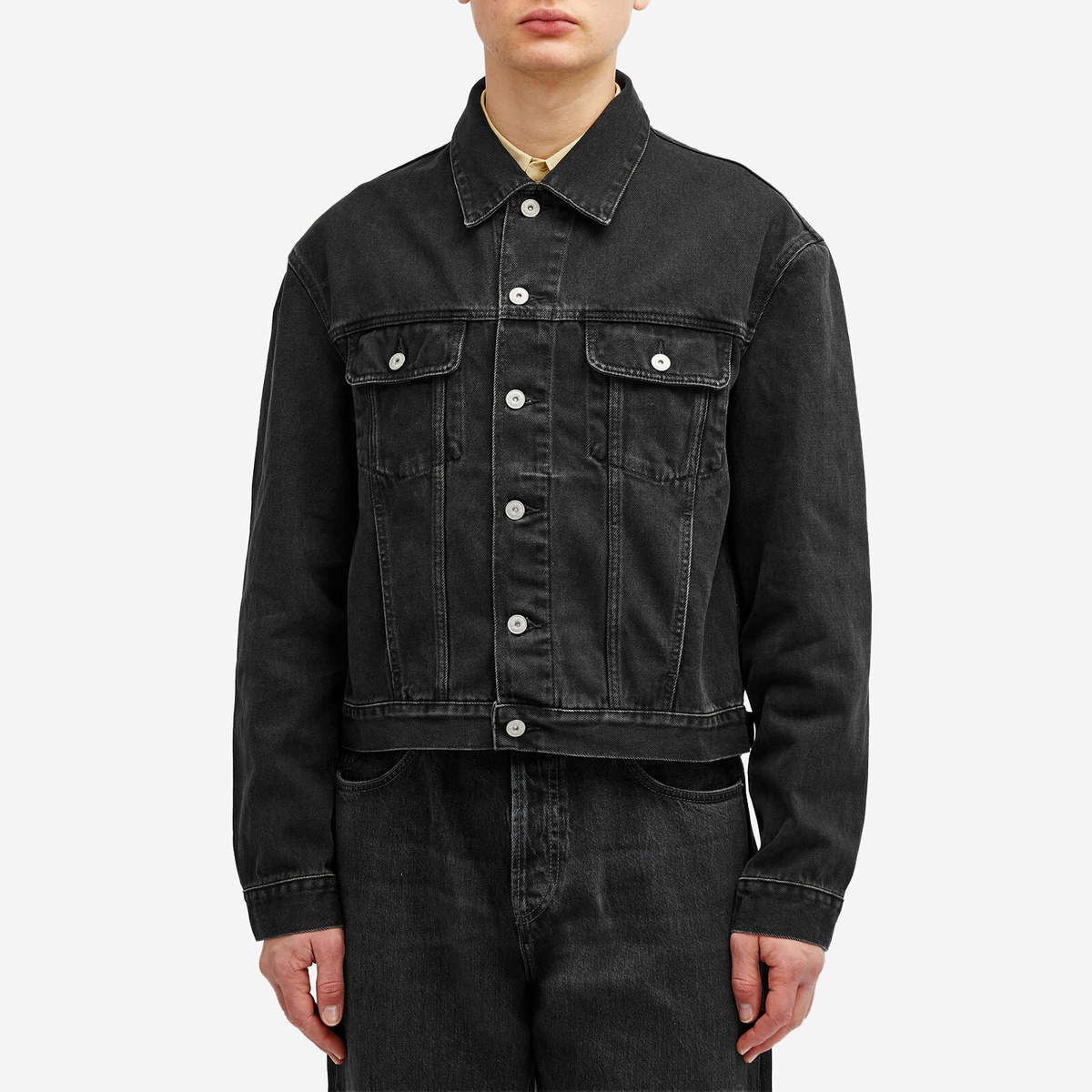 Jacquemus Men's Leather Patch Denim Jacket in Black Jacquemus Jacquemus Men's Leather Patch Denim Jacket in Black Jacquemus