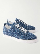 Christian Louboutin - Louis Junior Grosgrain-Trimmed Embroidered Distressed Denim Sneakers - Blue
