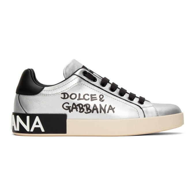 Photo: Dolce and Gabbana Silver and Black Writing Portofino Sneakers
