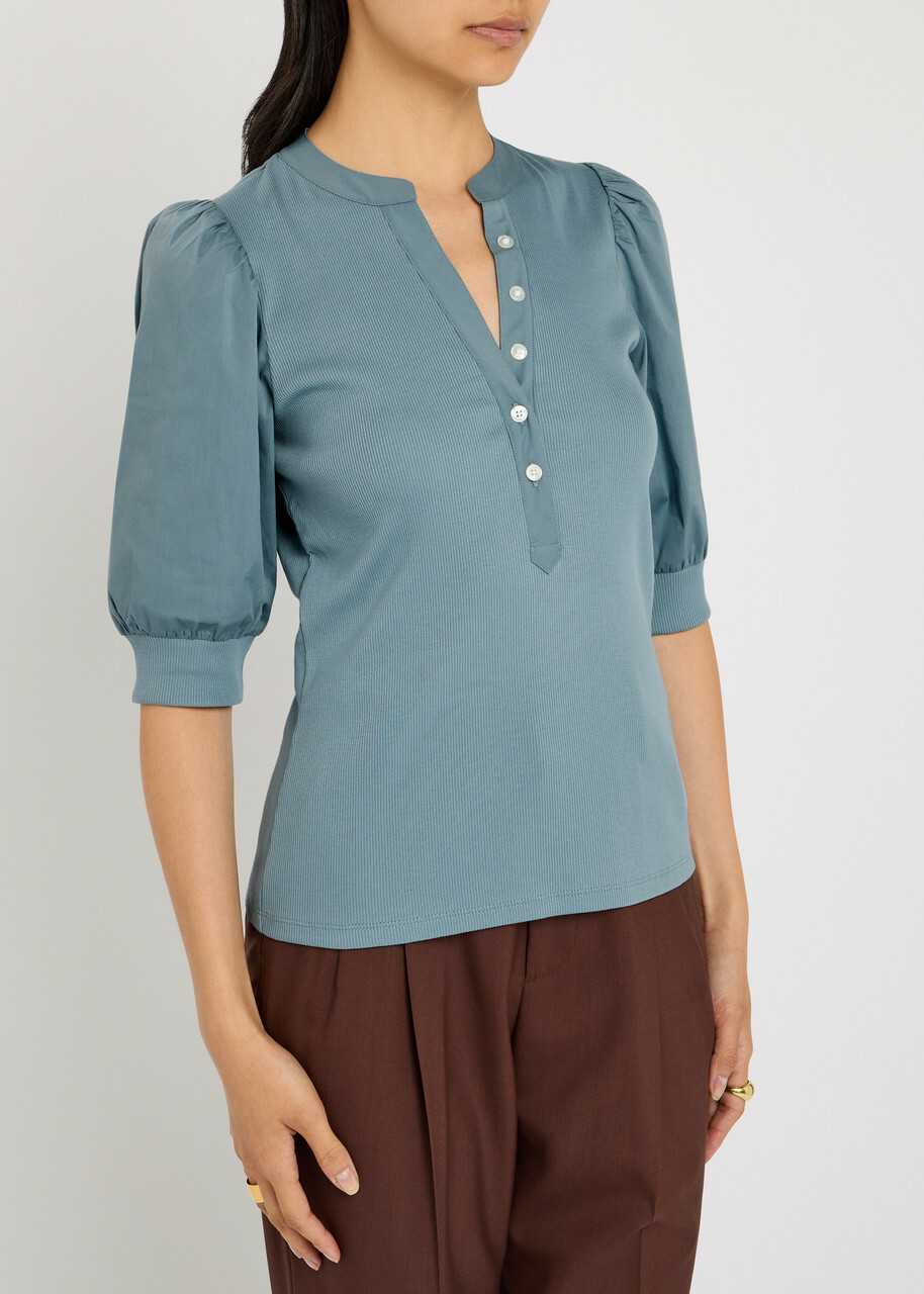 Veronica Beard Coralee Ribbed Stretch-cotton top Blue
