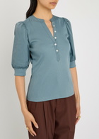 Veronica Beard Coralee Ribbed Stretch-cotton top Blue
